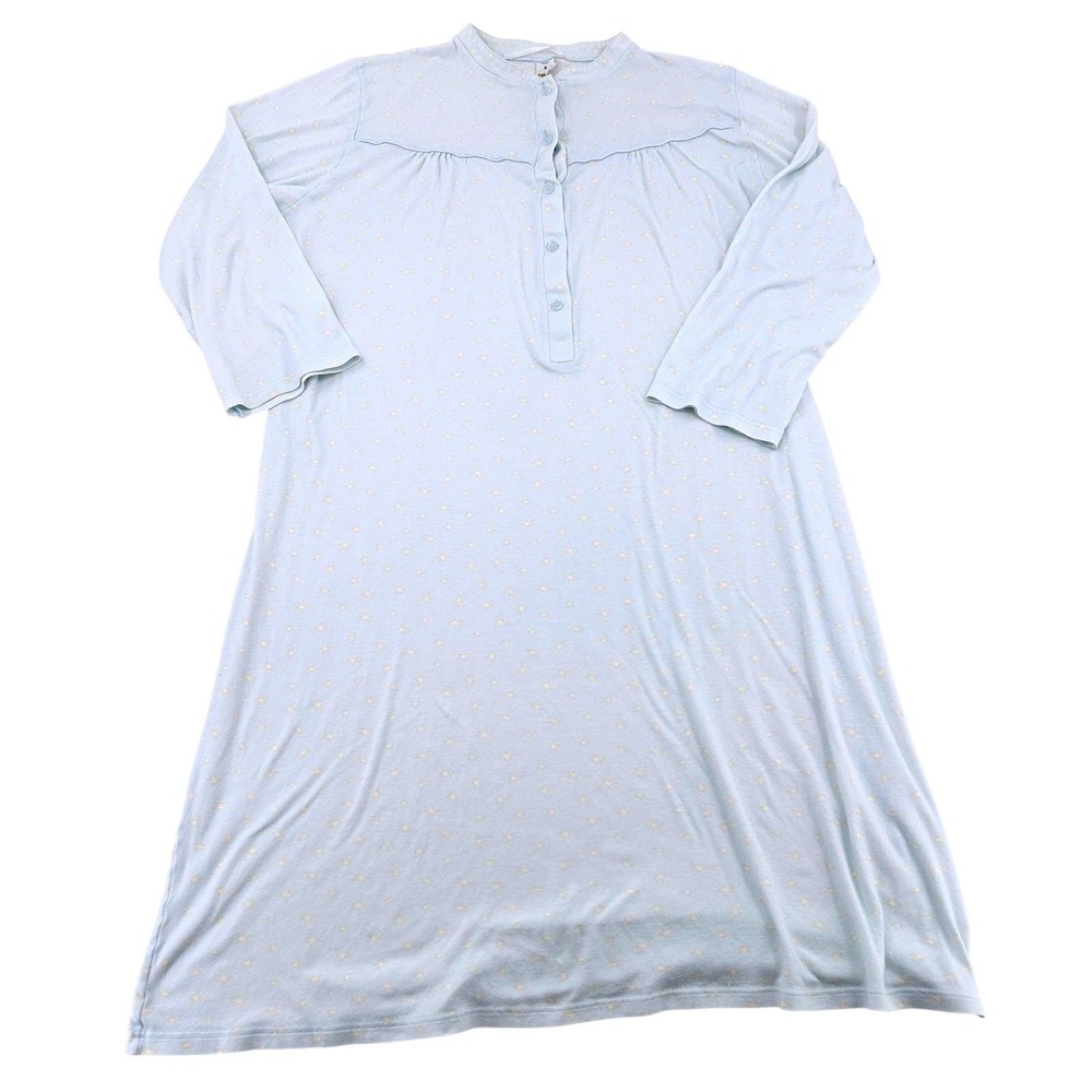 Calida Wms Nightgown Size M Blue Star Print Cotton Henley Vintage Grandmacore